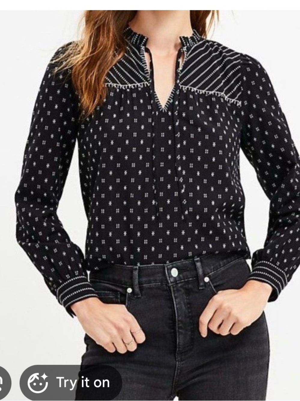 LOFT Black Printed Split-Neck Poet Blouse